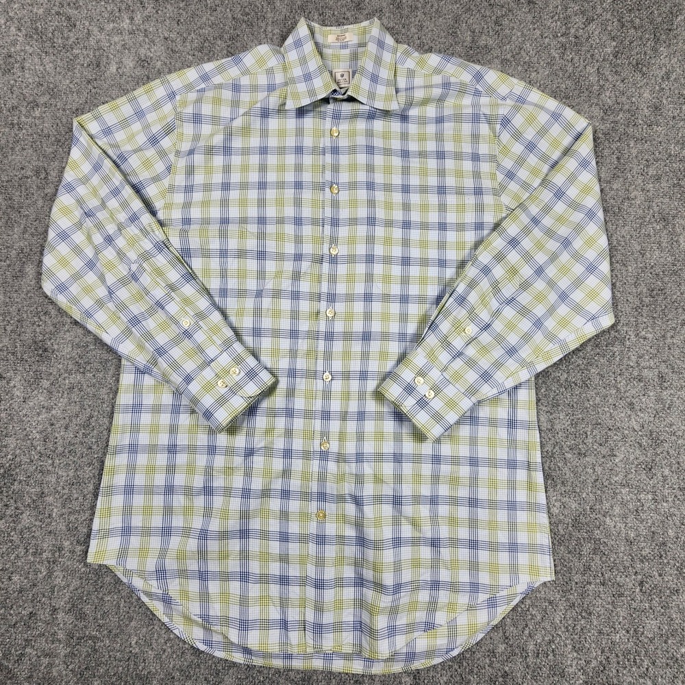 Peter Millar Mens Medium Blue Green Plaid Cotton Long Sleeve Button‎ Down Shirt